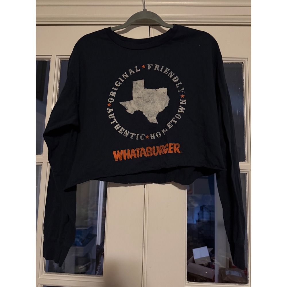 Whataburger Womens Navy Blue Long Sleeve Cropped Graphic Tee Texas Logo Large